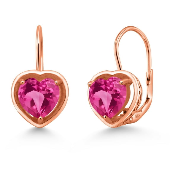 Gem Stone King 18K Rose Gold Plated Silver Pink Created Sapphire Dangle Leverback Earrings for Women (2.80 Cttw, Heart Shape 7MM)