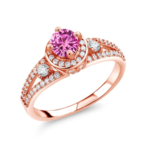 Gem Stone King 18K Rose Gold Plated Silver Pink Created Sapphire Engagement Ring for Women (1.49 Cttw, Round 5MM, Gemstone September Birthstone, Size 7)