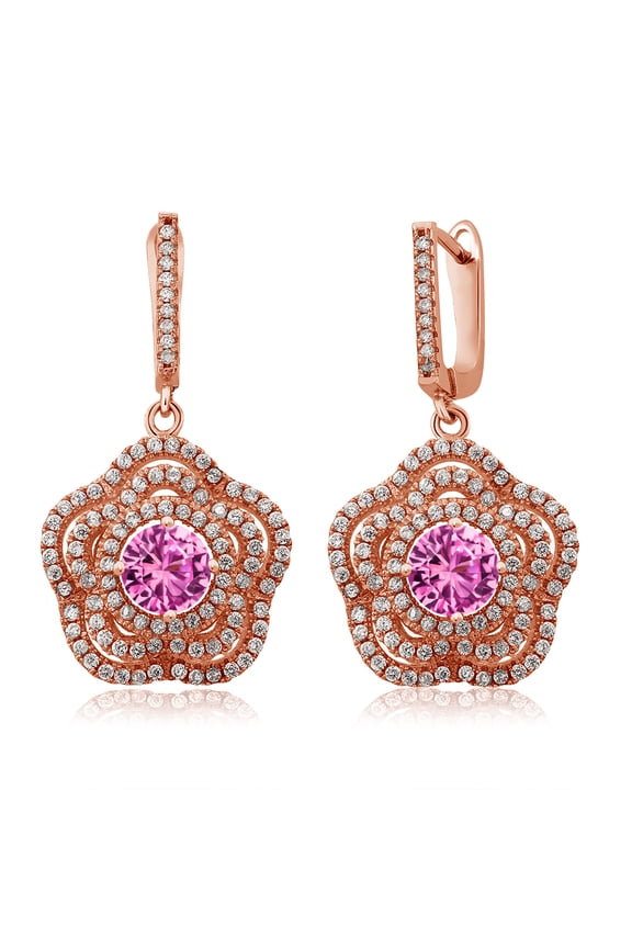 18K Rose Gold Plated Silver Pink Created Sapphire Flower Dangle Earrings for Women (4.64 Cttw, Gemstone September Birthstone, Round 6MM)