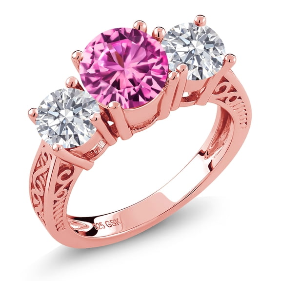 Gem Stone King 18K Rose Gold Plated Silver Pink Created Sapphire and Lab Grown Diamond Engagement Ring for Women | 2.66 Cttw | Round 7MM | Gemstone September Birthstone | Size 7