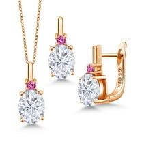 Gem Stone King 18K Rose Gold Plated Silver Pink Created Sapphire Pendant and Earrings Jewelry Set with Moissanite (6.45 Cttw)