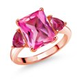 thumbnail image 1 of Gem Stone King 18K Rose Gold Plated Silver Pink Created Sapphire and Red Created Ruby 3 Stone Ring for Women (7.46 Cttw, Octagon 12X10MM, Trillion 5X5MM, Gemstone September Birthstone, Size 5), 1 of 3