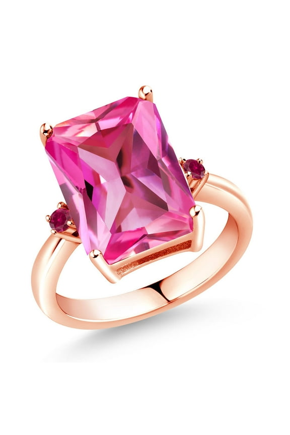 18K Rose Gold Plated Silver Pink Created Sapphire and Red Created Ruby Ring for Women (10.10 Cttw, Emerald Cut 14x10MM, Gemstone September Birthstone, Size 9)