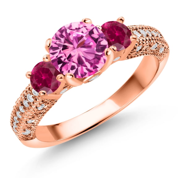 Gem Stone King 18K Rose Gold Plated Silver Pink Created Sapphire Red Created Ruby and White Moissanite Engagement Ring for Women (2.24 Cttw, Gemstone September Birthstone, Round 7MM and 4MM, Size 9)