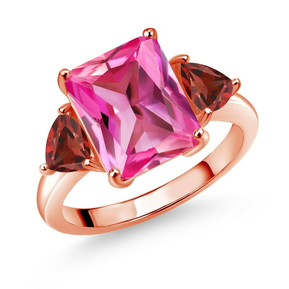 Gem Stone King 18K Rose Gold Plated Silver Pink Created Sapphire and Red Garnet 3 Stone Ring for Women (7.68 Cttw, Octagon 12X10MM, Trillion 5X5MM, Gemstone September Birthstone, Size 6)