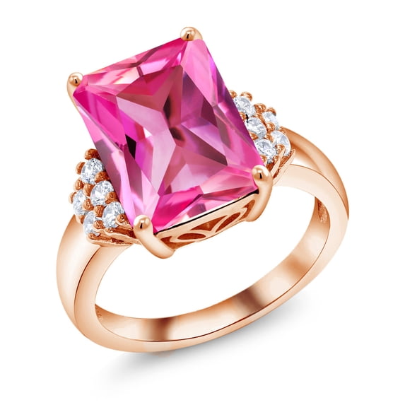 Gem Stone King 18K Rose Gold Plated Silver Pink Created Sapphire Ring for Women (10.30 Cttw, Gemstone September Birthstone, Emerald Cut 14X10MM, Available in Size 5, 6, 7, 8, 9)