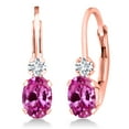 thumbnail image 1 of Gem Stone King 18K Rose Gold Plated Silver Pink Created Sapphire and White Diamond Leverback Earrings for Women (1.07 Cttw, Gemstone September Birthstone, Oval 6X4MM, Round 2MM, 3/4 inch), 1 of 5