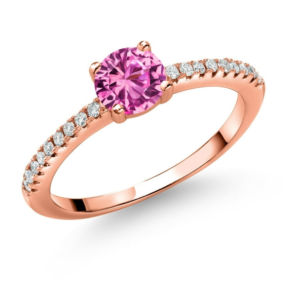Gem Stone King 18K Rose Gold Plated Silver Pink Created Sapphire and White Lab Grown Diamond Engagement Wedding Anniversary Ring for Women (0.64 Cttw, Round 5MM, Size 8)