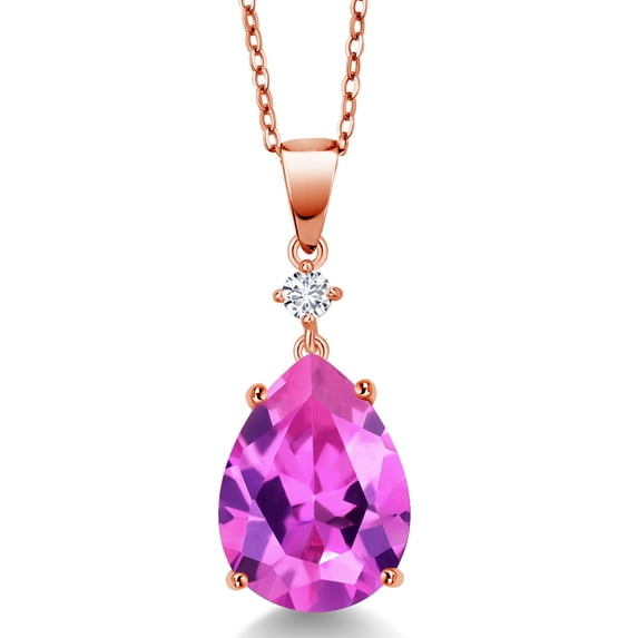 Gem Stone King 18K Rose Gold Plated Silver Pink Created Sapphire and White Lab Grown Diamond Pendant Necklace for Women (10.35 Cttw, Pear Shape 16X12MM, Gemstone, with 18 inch Chain)