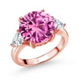 thumbnail image 1 of Gem Stone King 18K Rose Gold Plated Silver Pink Created Sapphire and White Moissanite 3-Stone Ring for Women (8.74 Cttw, Round 12MM, Trillion 5MM, Size 8), 1 of 4