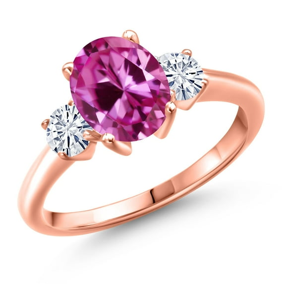 Gem Stone King 18K Rose Gold Plated Silver Pink Created Sapphire and White Moissanite Engagement Ring for Women | 1.46 Cttw | Oval 9X7MM | Gemstone September Birthstone | Size 9
