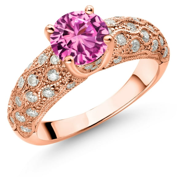 Gem Stone King 18K Rose Gold Plated Silver Pink Created Sapphire and White Moissanite Engagement Ring for Women (2.00 Cttw, Round 7MM, Gemstone September Birthstone, Size 9)