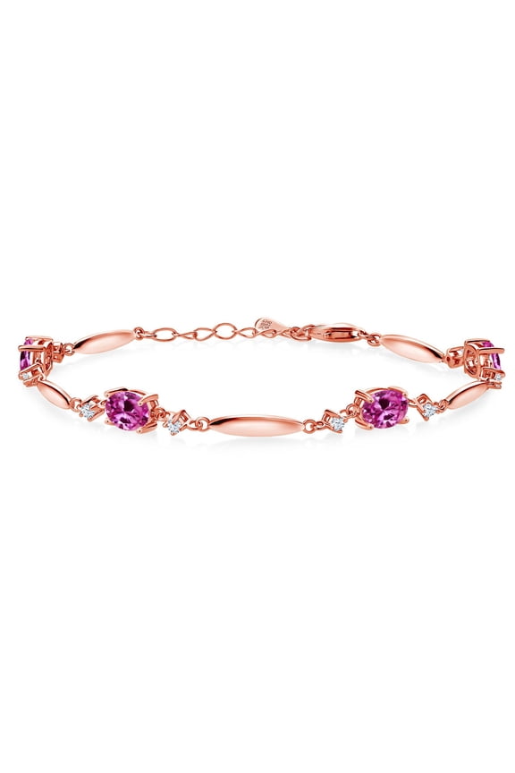 18K Rose Gold Plated Silver Pink Created Sapphire and White Zirconia Tennis Bracelet for Women | 3.84 Cttw | Gemstone September Birthstone | Oval 7X5MM | 6 inch + 1 inch Extender