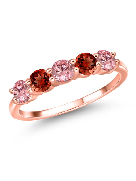 18K Rose Gold Plated Silver Pink Lab Grown Diamond and Red Garnet Wedding-Bands Ring for Women | 1.49 Cttw | Round 4MM | Gemstone April Birthstone | Size 7