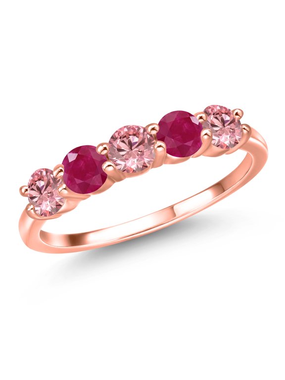 18K Rose Gold Plated Silver Pink Lab Grown Diamond and Red Ruby Wedding-Bands Ring for Women | 1.45 Cttw | Round 4MM | Gemstone April Birthstone | Size 7