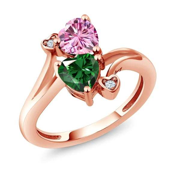 Gem Stone King 18K Rose Gold Plated Silver Pink Moissanite Green Nano Emerald Ring for Women (1.53 Cttw, Heart Shape 6MM, Gemstone Birthstone, Size 5)