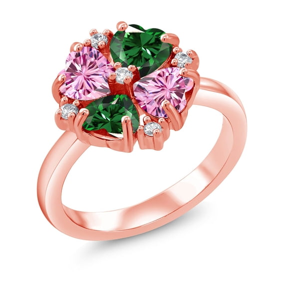 Gem Stone King 18K Rose Gold Plated Silver Pink Moissanite and Green Nano Emerald Ring for Women (2.08 Cttw, Heart Shape 5MM, Gemstone Birthstone, Size 9)