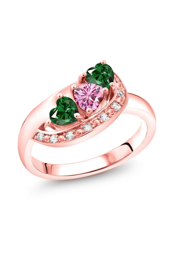 18K Rose Gold Plated Silver Pink Moissanite and Green Nano Emerald and White Created Sapphire Engagement Ring for Women (1.11 Cttw, Gemstone , Heart Shape 4MM, Size 9)