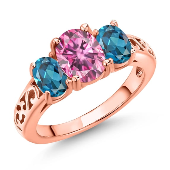 Gem Stone King 18K Rose Gold Plated Silver Pink Moissanite and London Blue Topaz Filigree Style 3 Stone Ring for Women (2.58 Cttw, Oval 8X6MM and 6X4MM, Available in Size 5, 6, 7, 8, 9)