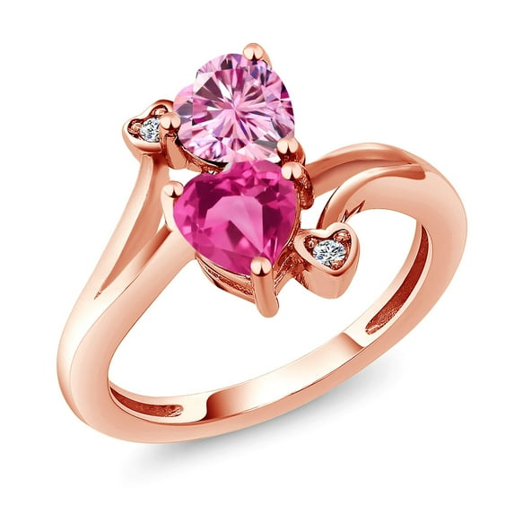 Gem Stone King 18K Rose Gold Plated Silver Pink Moissanite Pink Created Sapphire and White Moissanite Ring for Women (1.63 Cttw, Heart Shape 6MM, Gemstone Birthstone, Size 9)