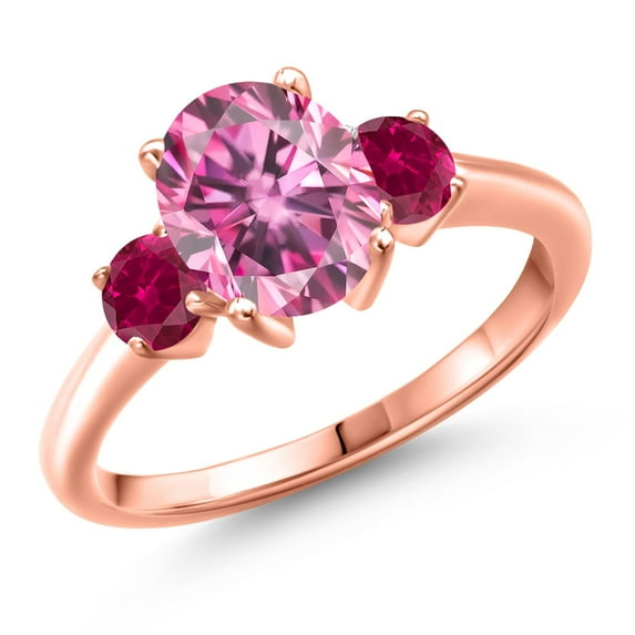 Gem Stone King 18K Rose Gold Plated Silver Pink Moissanite and Red Created Ruby Engagement Ring for Women | 2.50 Cttw | Oval 9X7MM | Gemstone Birthstone | Size 9