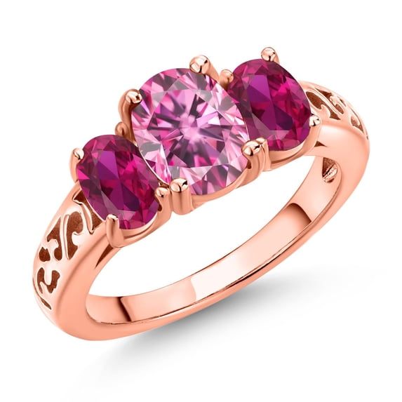 Gem Stone King 18K Rose Gold Plated Silver Pink Moissanite and Red Created Ruby Filigree Style 3 Stone Ring for Women (2.38 Cttw, Oval 8X6MM and 6X4MM, Available in Size 5, 6, 7, 8, 9)