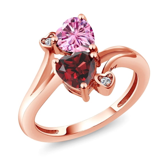 Gem Stone King 18K Rose Gold Plated Silver Pink Moissanite Red Garnet and White Moissanite Ring for Women (1.83 Cttw, Heart Shape 6MM, Gemstone Birthstone, Size 6)