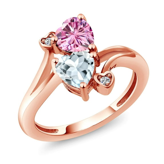 Gem Stone King 18K Rose Gold Plated Silver Pink Moissanite Sky Blue Aquamarine and White Moissanite Ring for Women (1.56 Cttw, Heart Shape 6MM, Gemstone Birthstone, Size 6)