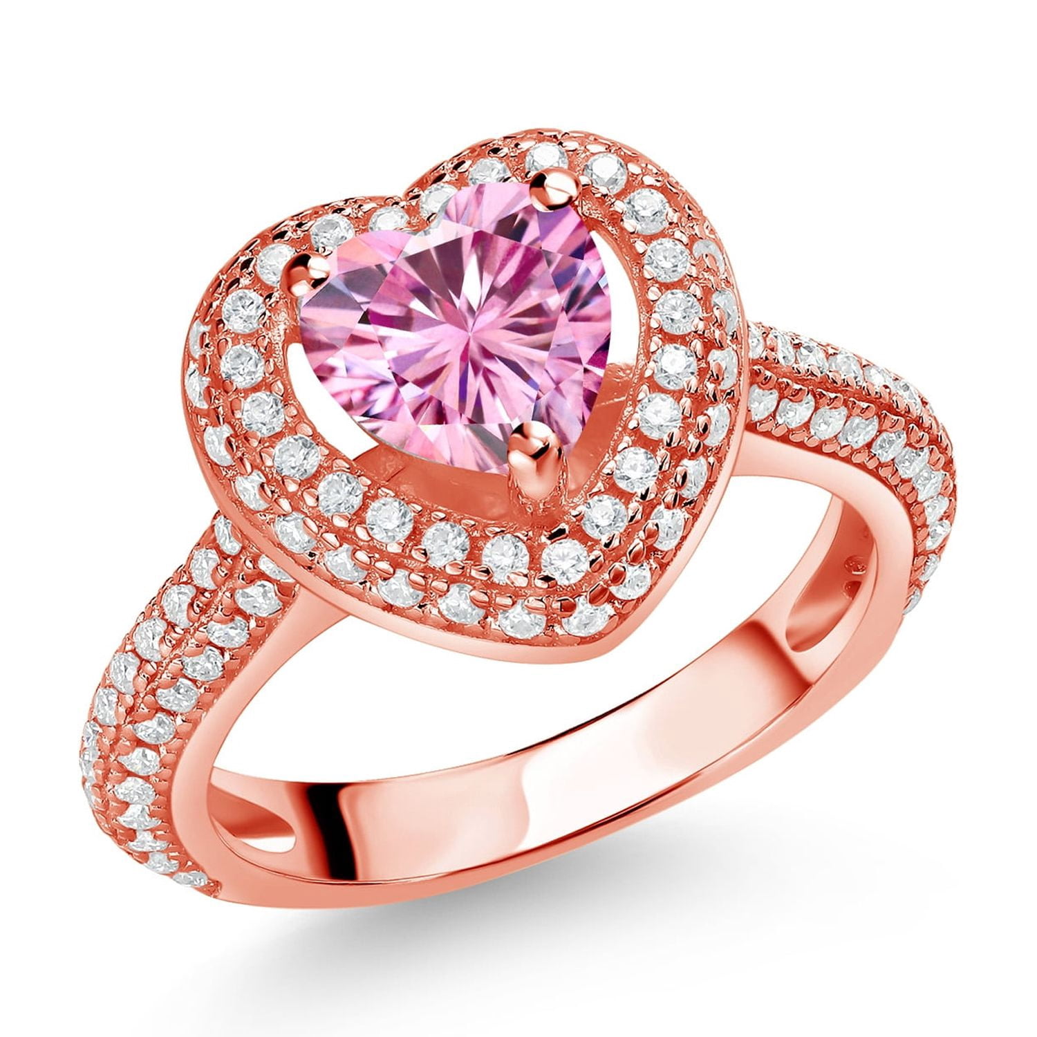 Gem Stone King 18K Rose Gold Plated Silver Pink Moissanite and White Moissanite Heart Engagement Ring for Women (1.69 Cttw, Gemstone, Heart Shape 6.5MM, Size 9)