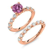 Gem Stone King 18K Rose Gold Plated Silver Pink Moissanite and White Topaz Wedding Engagement Ring Band Bridal Set for Women (2.56 Cttw, Gemstone, Round 7MM, Size 6)