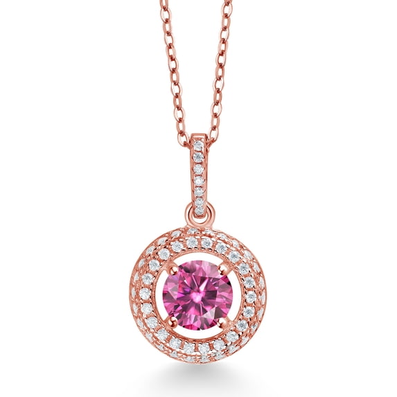 Gem Stone King 18K Rose Gold Plated Silver Pink Moissanite and White Moissanite Pendant Necklace for Women (1.05 Cttw, Round 6MM, 18" Silver Chain)