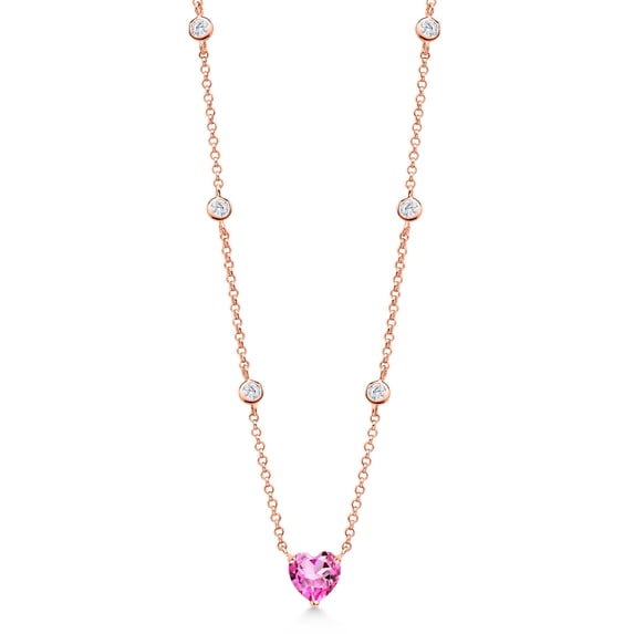 Gem Stone King 18K Rose Gold Plated Silver Pink Mystic Topaz and White Moissanite Long By The Yard Chain Necklace for Women (1.60 Cttw, Heart Shape 7MM, 17 inch with 2 inch Extender)
