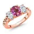 thumbnail image 1 of Gem Stone King 18K Rose Gold Plated Silver Pink Mystic Topaz and White Topaz Filigree Style 3 Stone Ring for Women (2.50 Cttw, Oval 8X6MM and 6X4MM) (Size 9), 1 of 6