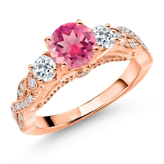 Gem Stone King 18K Rose Gold Plated Silver Pink Mystic Topaz White Topaz and White Moissanite Engagement Ring for Women (2.05 Cttw, Gemstone, Round 6MM and 3MM, Size 8)