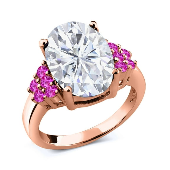 Gem Stone King 18K Rose Gold Plated Silver Pink Sapphire Ring Set with Moissanite (5.65 Cttw) (Size 8)
