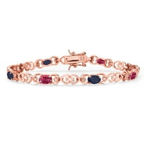 Gem Stone King 18K Rose Gold Plated Silver Pink Tourmaline and Blue Sapphire and Lab Grown Diamond Bracelet for Women | 4.13 Cttw | Gemstone October Birthstone | Oval 6X4MM | Length 7.25 inches