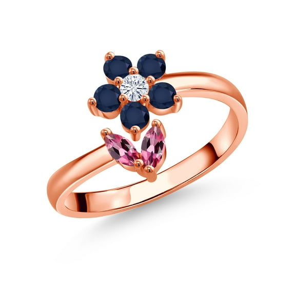 Gem Stone King 18K Rose Gold Plated Silver Pink Tourmaline Blue Sapphire and White Moissanite Flower Open Ring for Women (0.51 Cttw, Gemstone October Birthstone, Size 5)