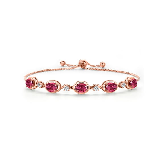 Gem Stone King 18K Rose Gold Plated Silver Pink Tourmaline Bracelet for Women | 4.25 Cttw | Gemstone October Birthstone | Oval 7X5MM | Fully Adjustable 9 inch
