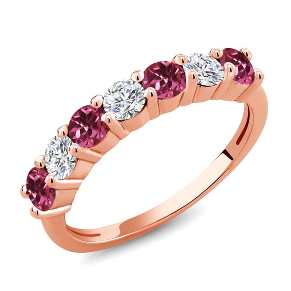 Gem Stone King 18K Rose Gold Plated Silver Pink Tourmaline E-F Lab Grown Diamond Anniversary Ring for Women (1.11 Cttw, Gemstone Birthstone, Size 8)