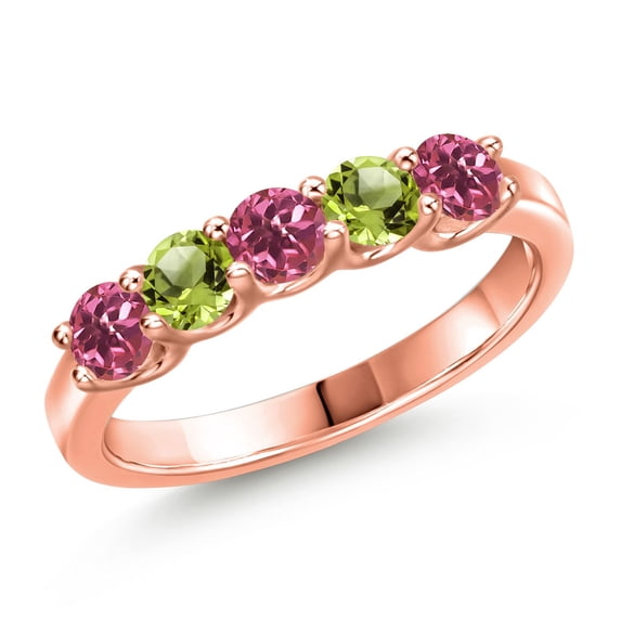 Gem Stone King 18K Rose Gold Plated Silver Pink Tourmaline and Green Peridot Wedding-Bands Ring for Women | 0.86 Cttw | Round 3.5MM | Gemstone October Birthstone | Size 8
