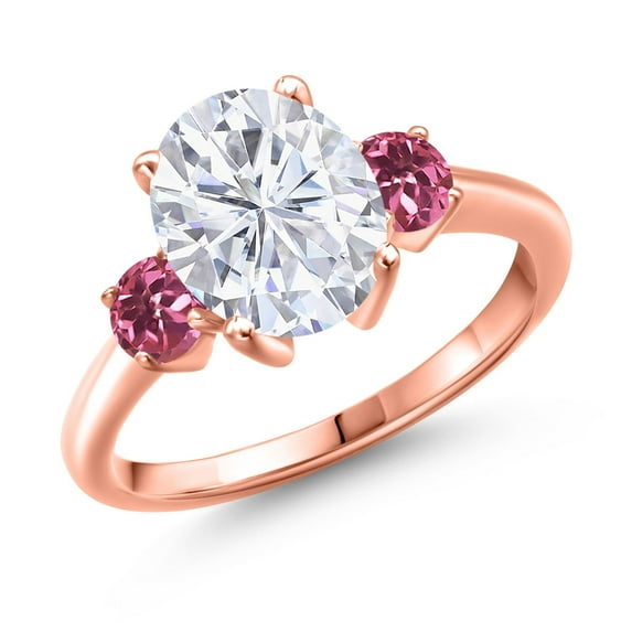 Gem Stone King 18K Rose Gold Plated Silver Pink Tourmaline Ring Set with Moissanite (3.50 Cttw)