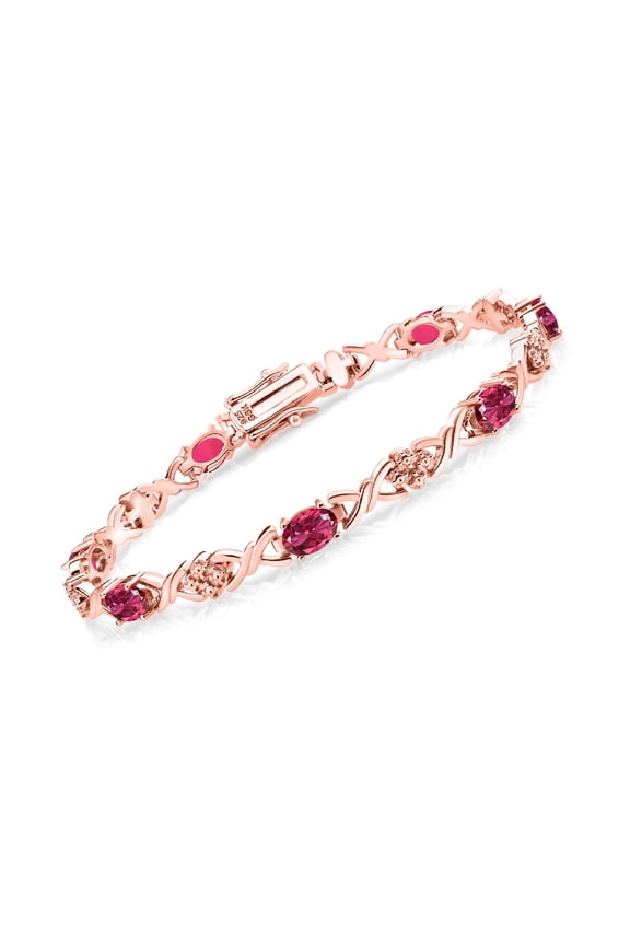 18K Rose Gold Plated Silver Pink Tourmaline Tennis Bracelet for Women (3.33 Cttw, Gemstone October Birthstone, Oval 6X4MM, 7 inch)