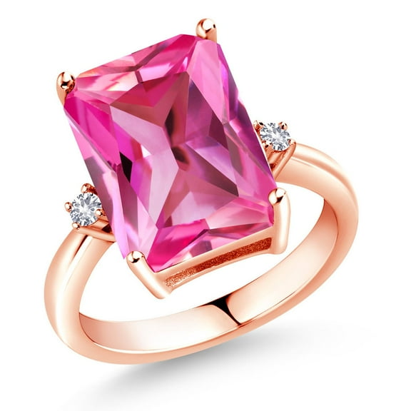 Gem Stone King 18K Rose Gold Plated Silver Pink and White Created Sapphire Ring for Women | 10.08 Cttw | Emerald Cut 14x10MM | Gemstone September Birthstone (Size 7)