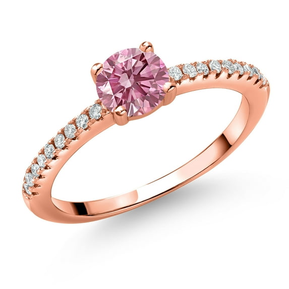 Gem Stone King 18K Rose Gold Plated Silver Pink and White Lab Grown Diamond Engagement Wedding Anniversary Ring for Women (0.59 Cttw, Round 5MM, Size 7)
