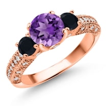 Gem Stone King 18K Rose Gold Plated Silver Purple Amethyst Black Onyx and White Moissanite Engagement Ring for Women (1.72 Cttw, Gemstone February Birthstone, Round 7MM and 4MM, Size 5)
