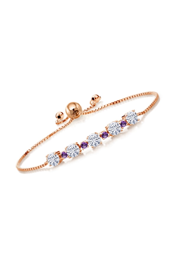 18K Rose Gold Plated Silver Purple Amethyst and Moissanite Bracelet for Women | 2.74 Cttw | Round 5MM and 2.5MM | Adjustable Bolo Bracelet for Women | Easy-On Easy-Off