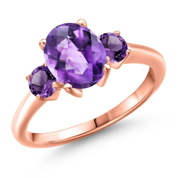 Gem Stone King 18K Rose Gold Plated Silver Purple Amethyst Engagement Ring for Women | 2.00 Cttw | Oval Checkerboard 9X7MM | Gemstone February Birthstone | Size 5