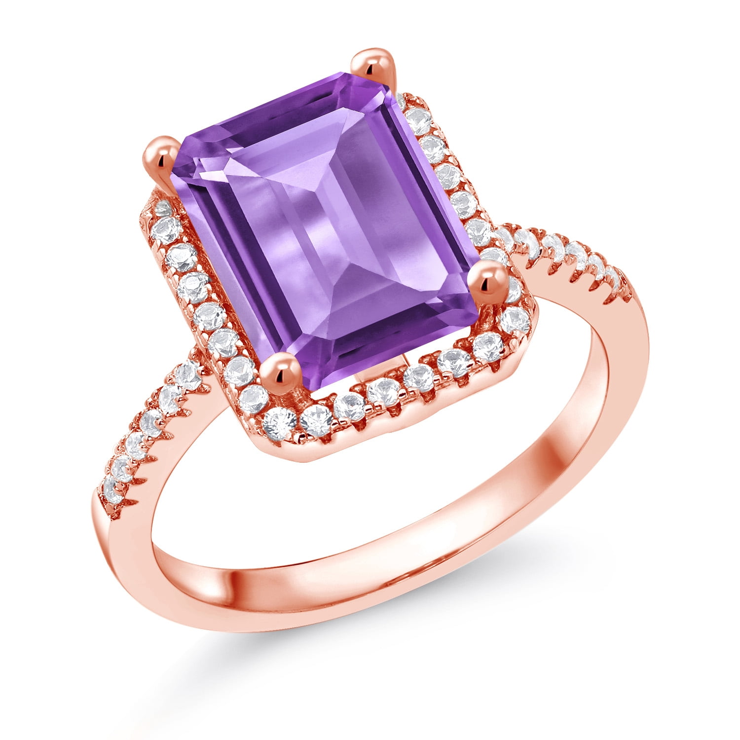 Gem Stone King 18K Rose Gold Plated Silver Purple Amethyst Engagement Ring for Women (3.86 Cttw, Emerald Cut 10X8MM, Gemstone February Birthstone, Size 6)
