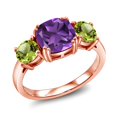 thumbnail image 1 of Gem Stone King 18K Rose Gold Plated Silver Purple Amethyst and Green Peridot 3 Stone Engagement Ring for Women (3.20 Cttw, Gemstone February Birthstone, Cushion 8MM, Size 9), 1 of 5