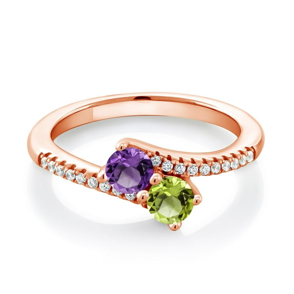 Gem Stone King 18K Rose Gold Plated Silver Purple Amethyst and Green Peridot Bypass Ring for Women (0.79 Cttw, Gemstone February Birthstone, Round 4MM, Size 5)